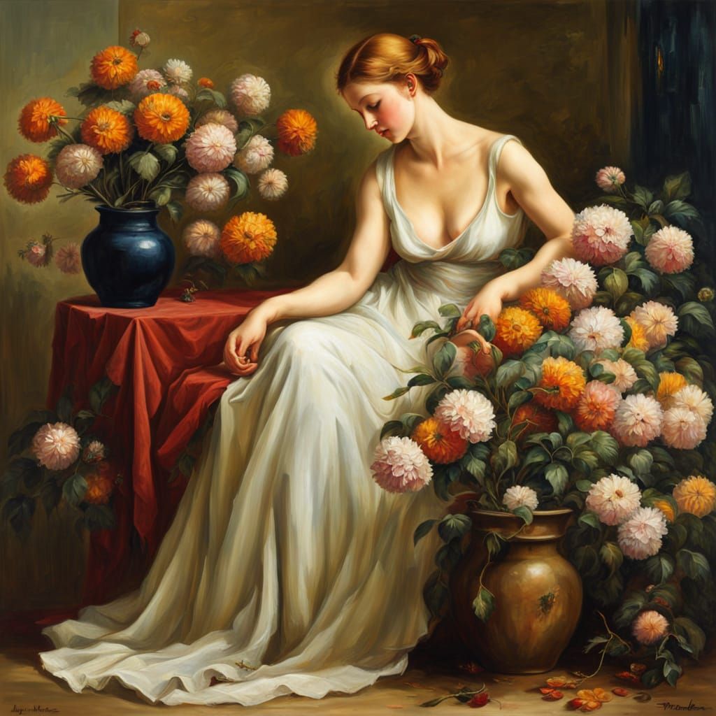 Sensual Woman Smelling Flowers in Oil Painting