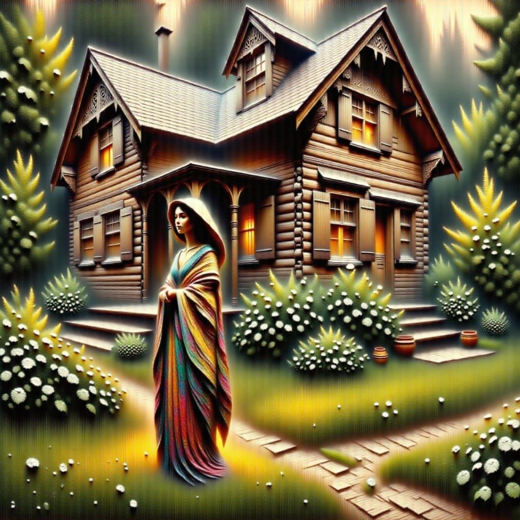 Humorous Sketch of Girl, Poodle, and Hoop Near Log House