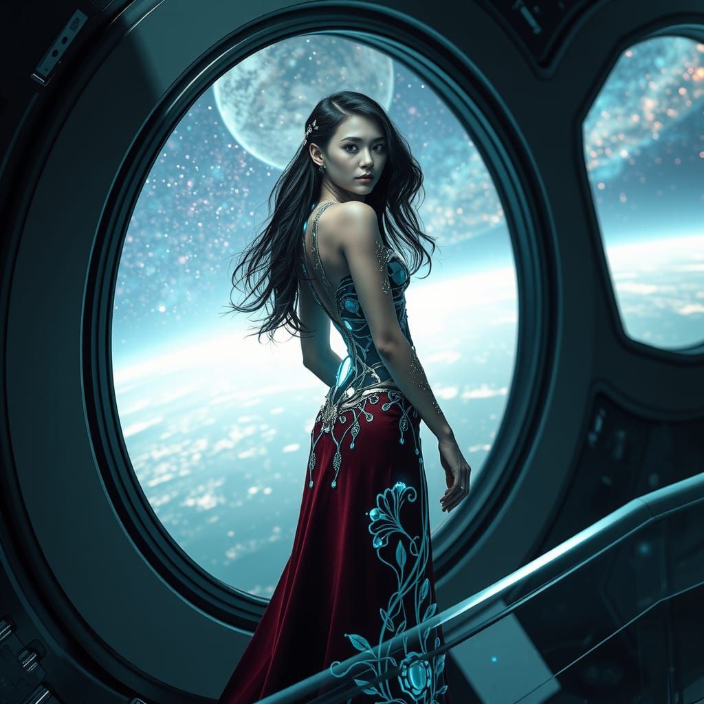 Biopunk Cyborg in Spaceship with Bioluminescent Circuitry