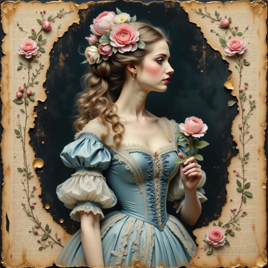 Elegant 18th-Century Woman in Rococo Dress with Peonies