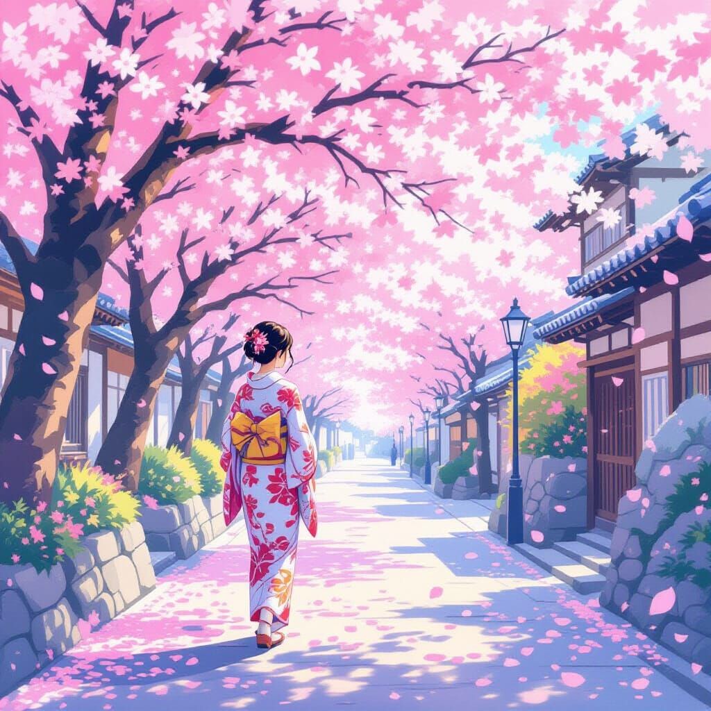 Woman in Kimono Under Cherry Blossoms, Anime-Inspired