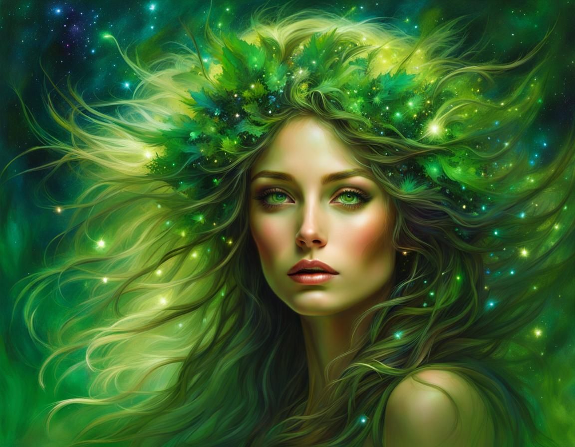 Beautiful Dryad Portrait in Magical Forest