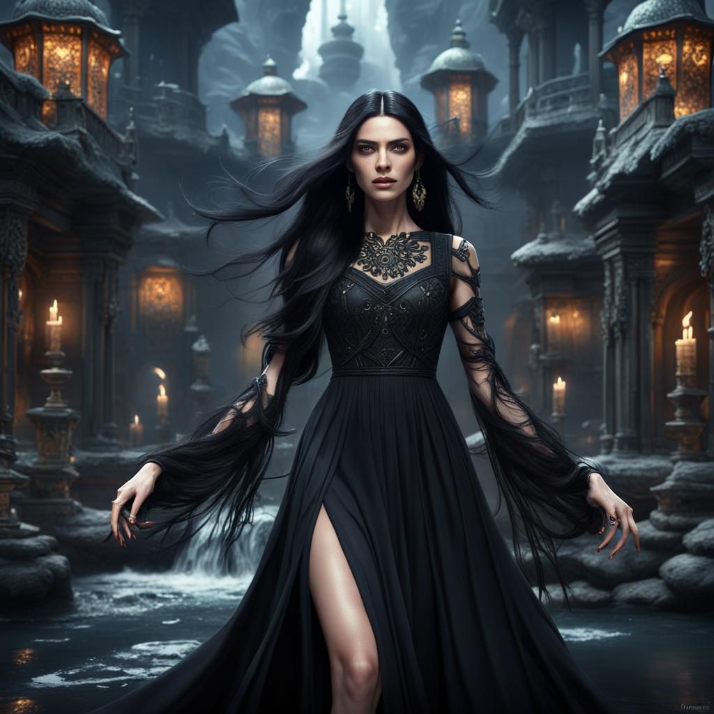 Beautiful Girl with Long Black Hair in Matte Painting Style