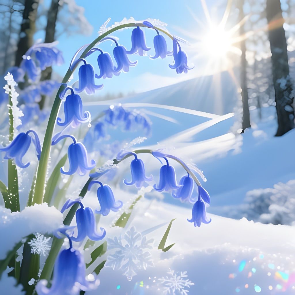 Bluebells Emerge Through Iridescent Snow in Woodland
