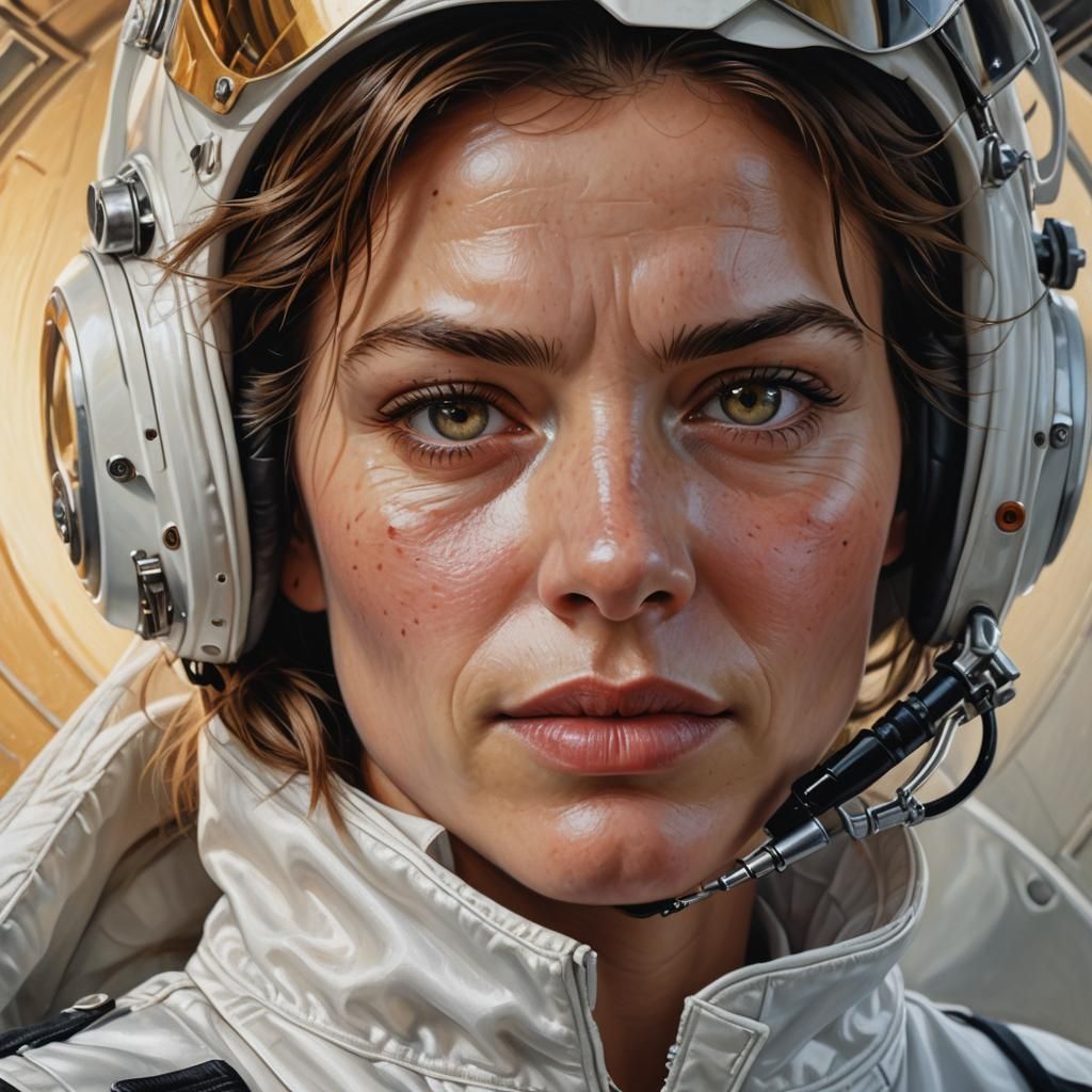 Photorealistic Portrait of Woman Pilot in White Suit