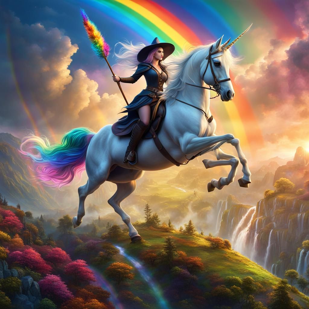 Witch and Unicorn Ride a Rainbow: Fantasy Art