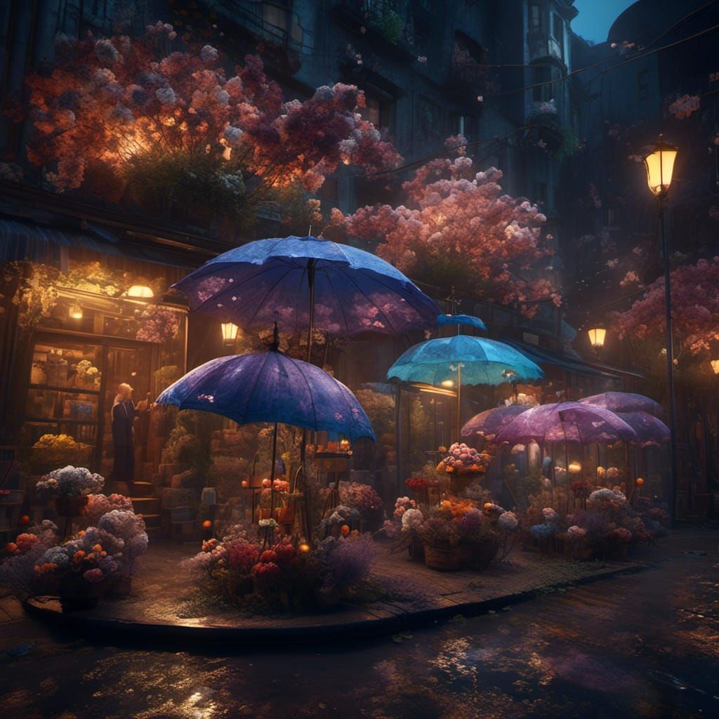 Flower Umbrella in City Night, Detailed Matte Painting