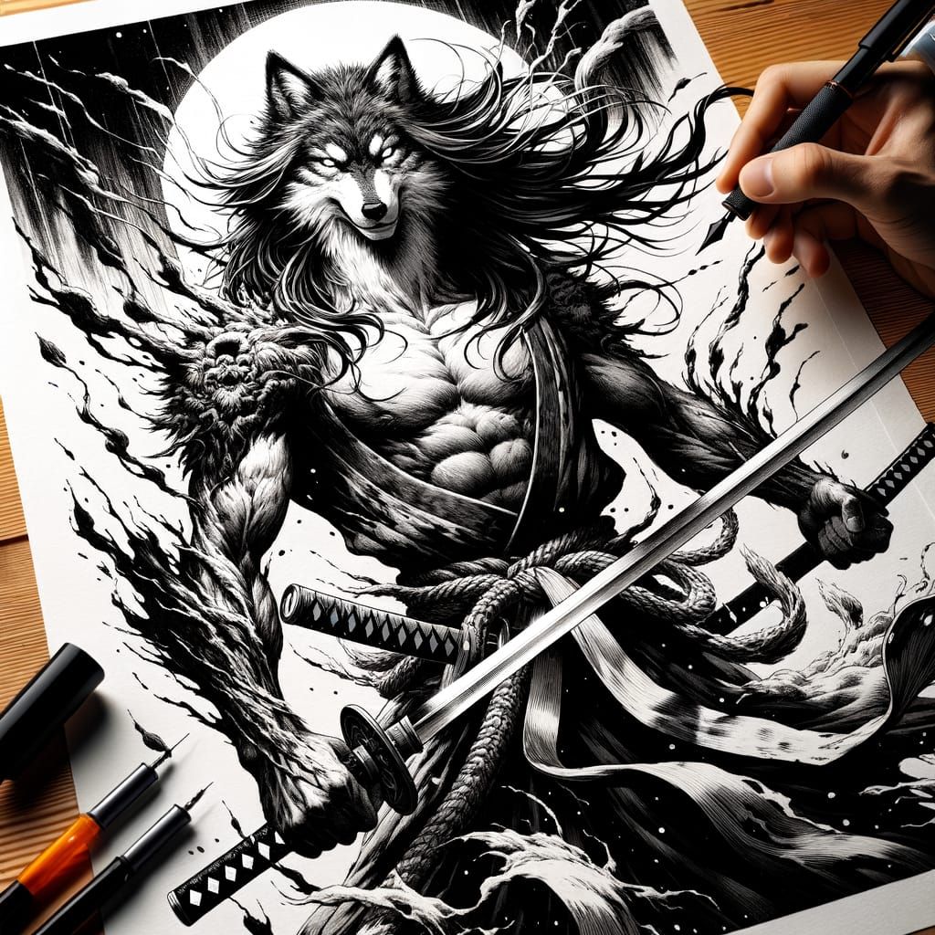 Monochromatic Wolf Warrior Sketch in Comic Style