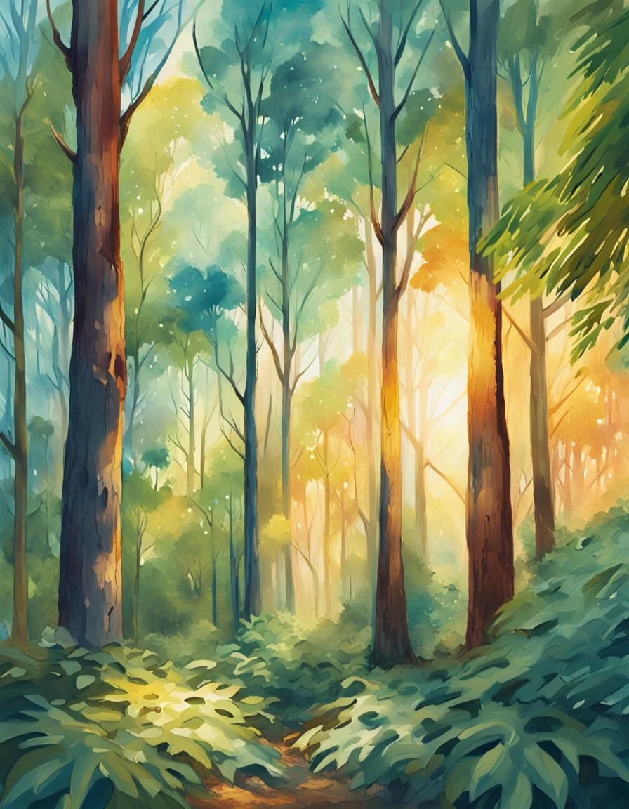Australian Forest in Summer: Watercolor Neo-Impressionism