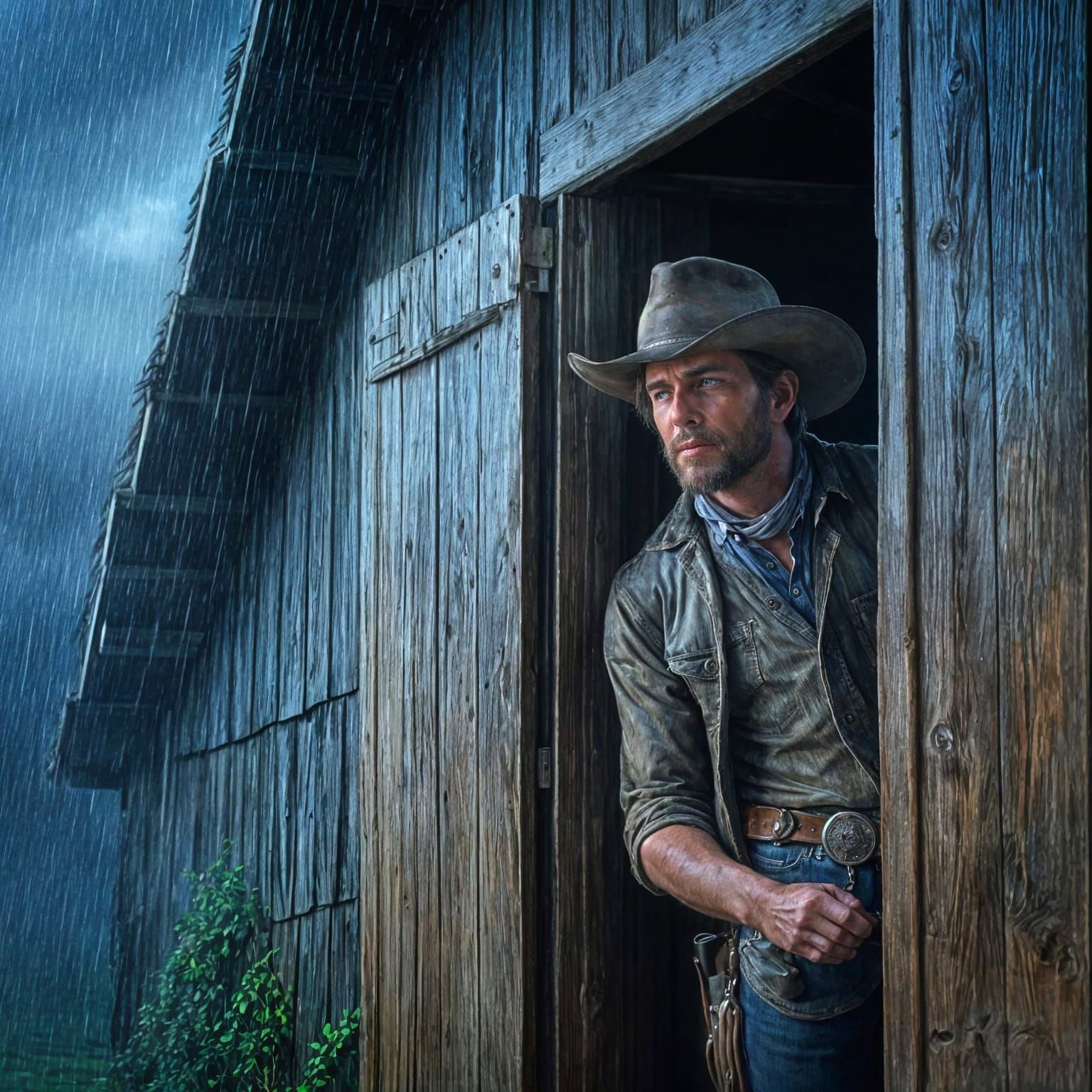 Cowboy in Rainy Evening: Oil Painting