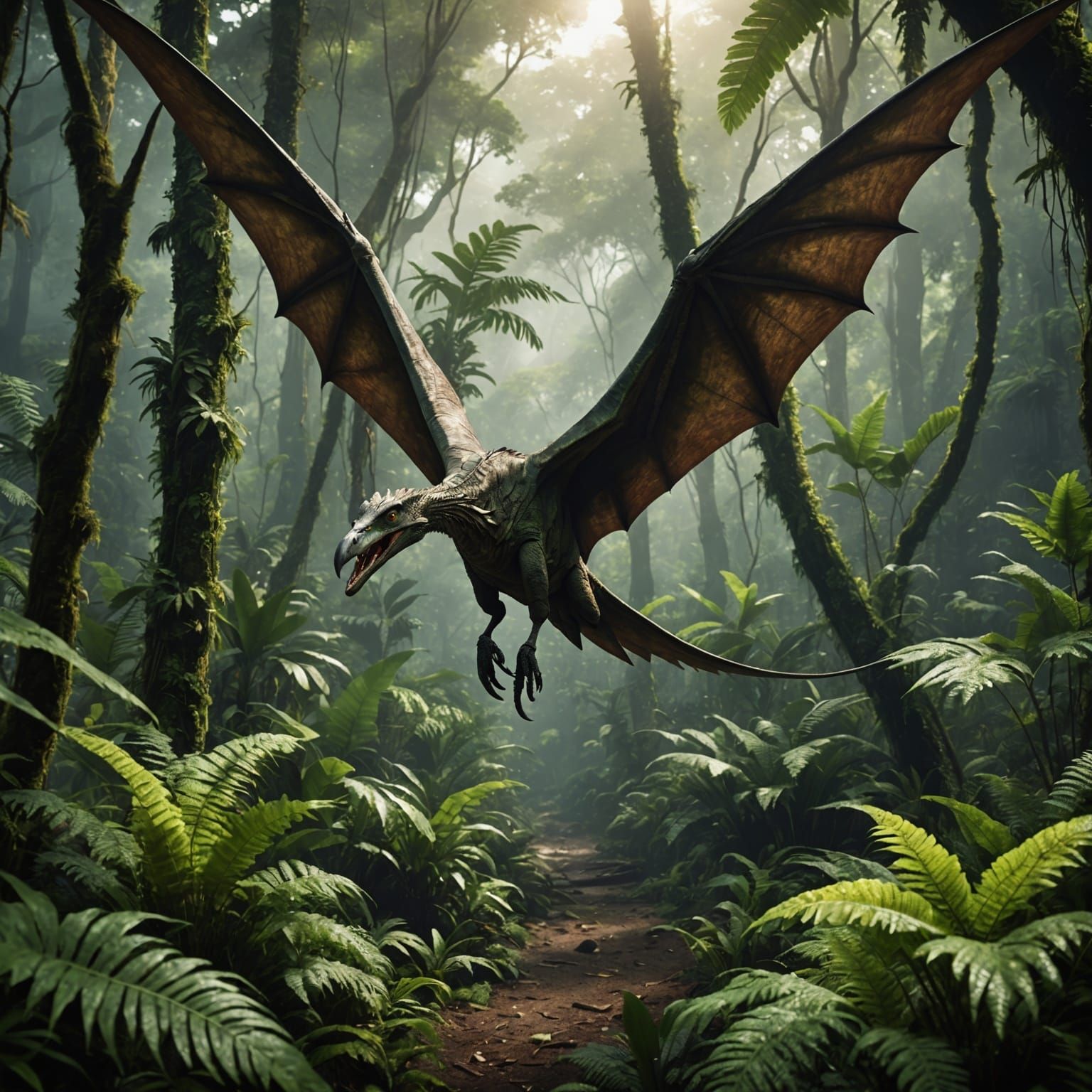 Pterodactyl Flight Through Morning Jungle: Digital Rendering