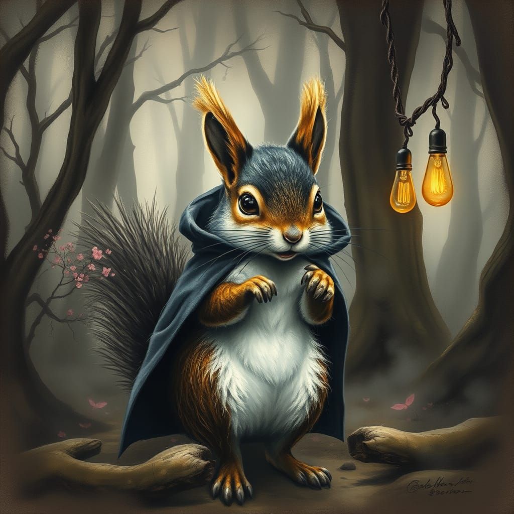 Mystical Squirrel in Forest: Detailed Charcoal Gouache