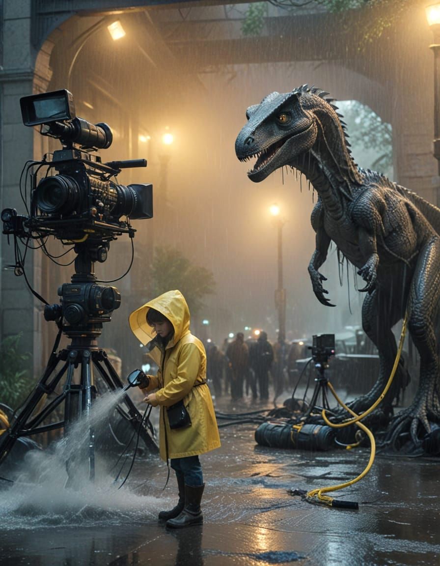 Epic Movie Set Scene in Low Light and Rain