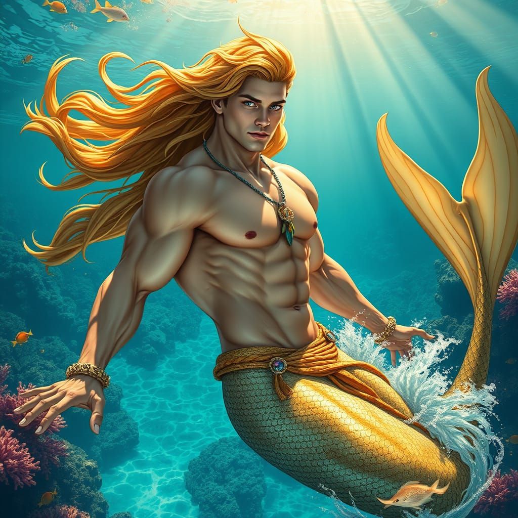 Muscular Merman Emerges from Crystal-Clear Lagoon in Photore...