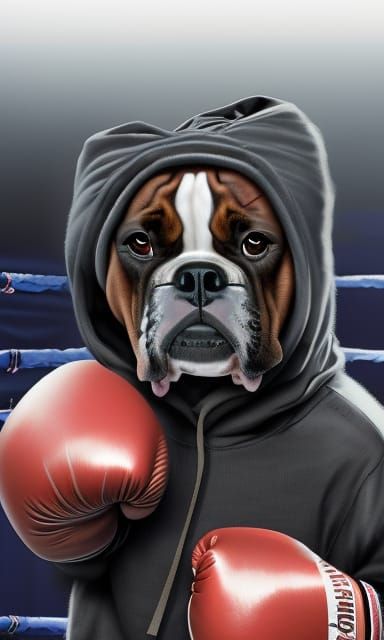 A Photorealistic Portrait of a Boxer Dog wearing boxing gloves and a Hoodie in a boxing ring in a dirty gym. A cinematic...