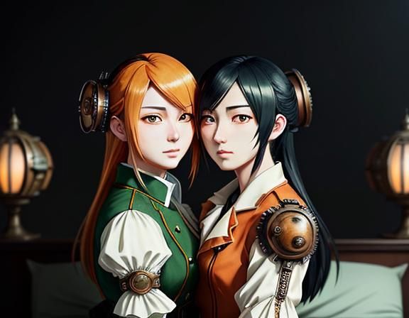 Kemono Twin Sisters Kissing in Steampunk Manga Style