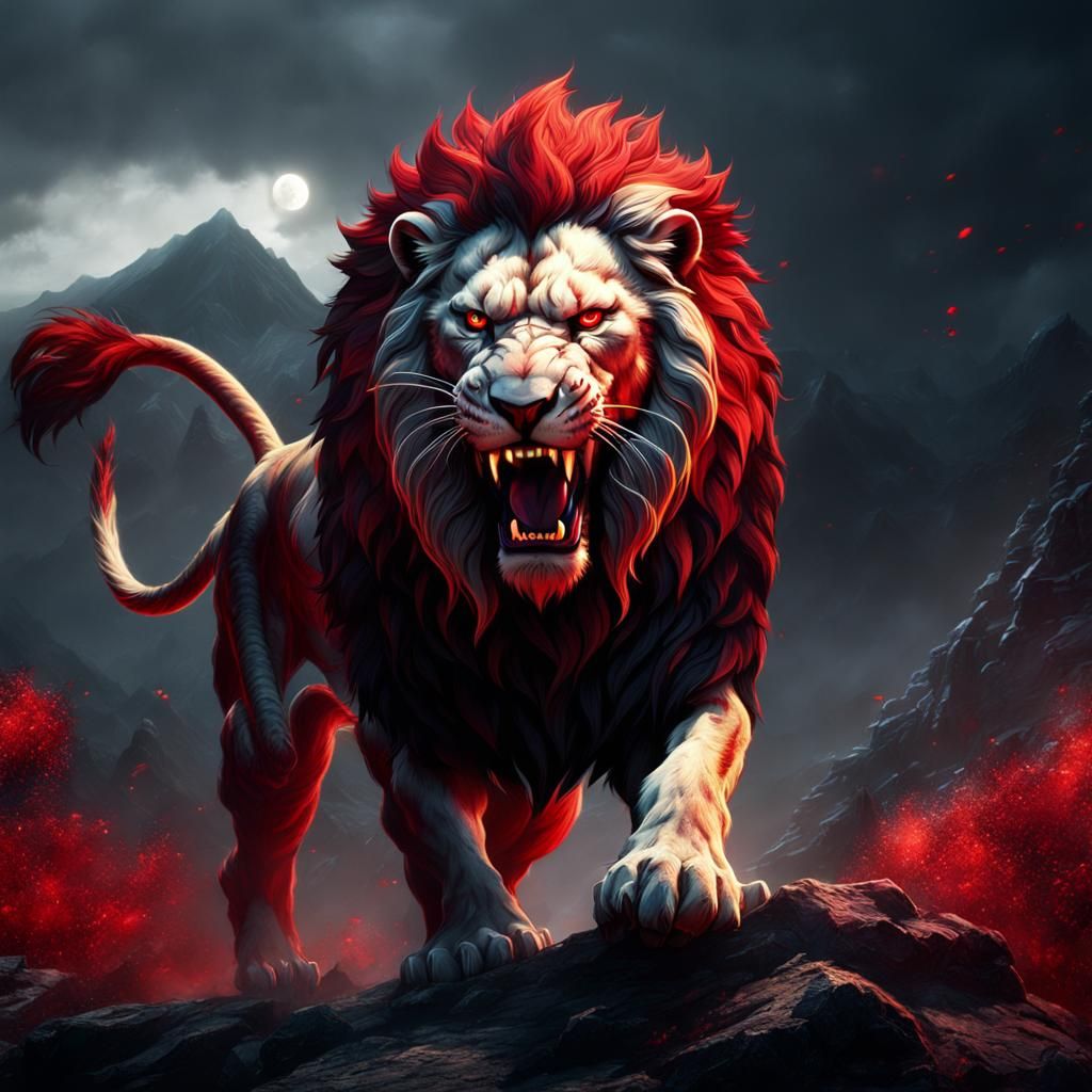 Roaring Zombie Lion on Mountain Rock: Detailed Matte Paintin...