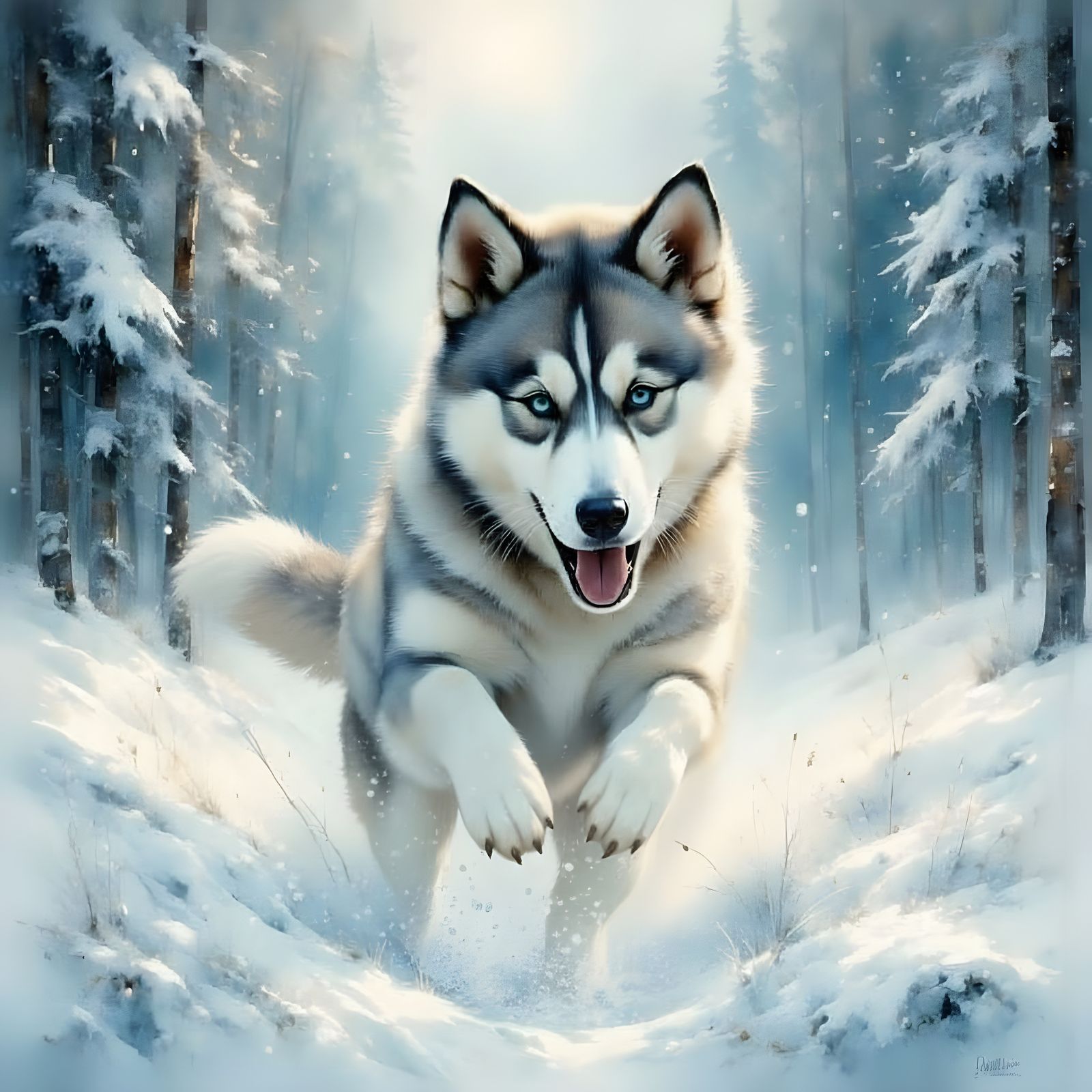 Mischievous Husky Puppy in Snowy Forest