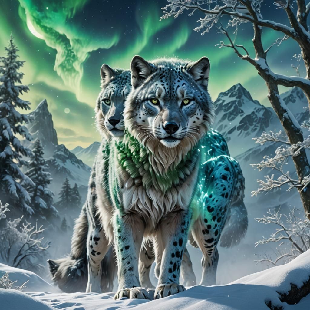 Wolf and Snow Leopard Hybrid in Snowy Landscape