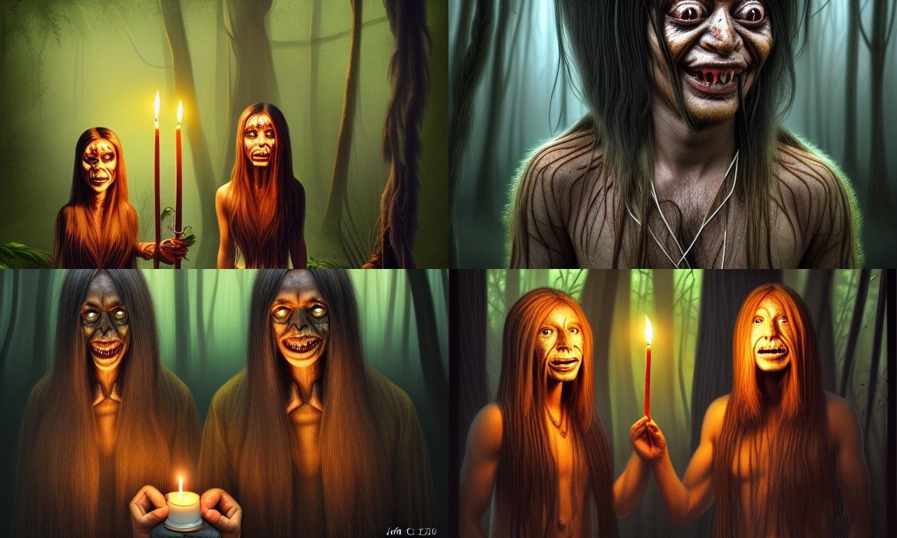 Shrunken Heads on Pikes in Dark Fantasy Forest