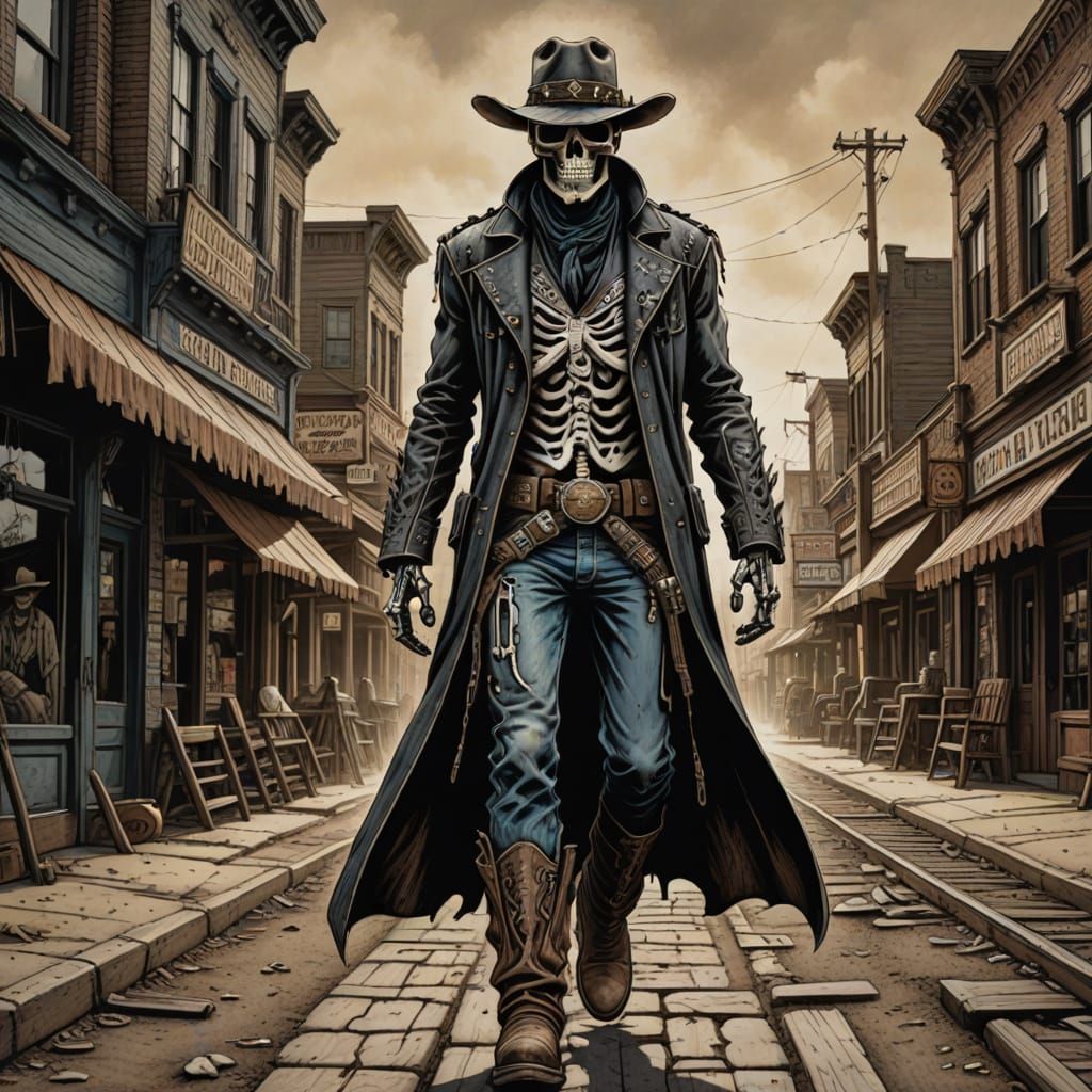 Skeleton Cowboy Walks Down Main Street in 3D Art Style