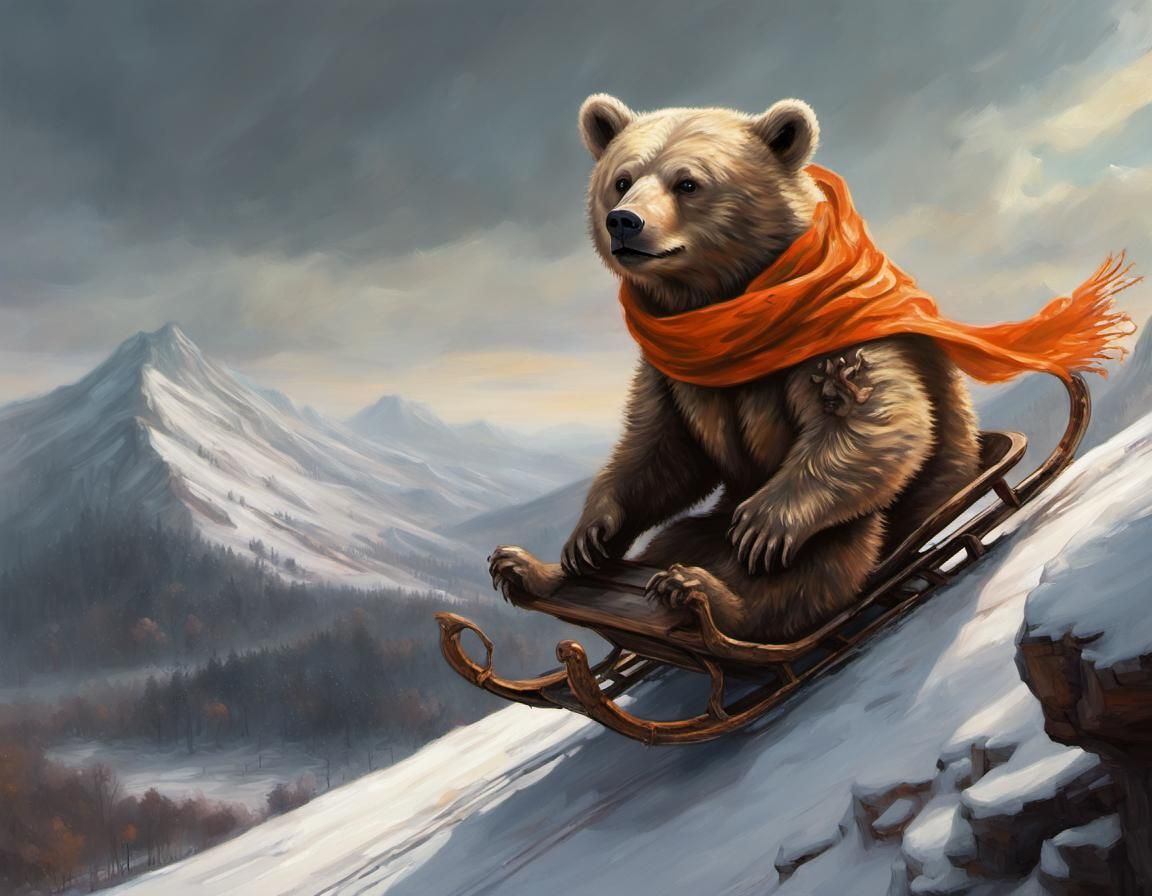 Bear Cub Sledding: Fairycore Oil Painting