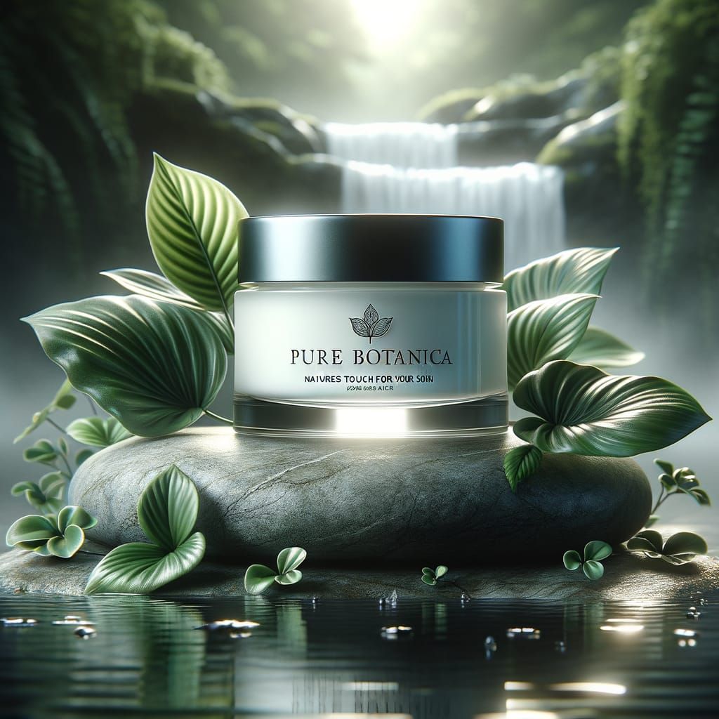 Luxury Cosmetic Poster: Pure Botanica Cream Jar by Waterfall