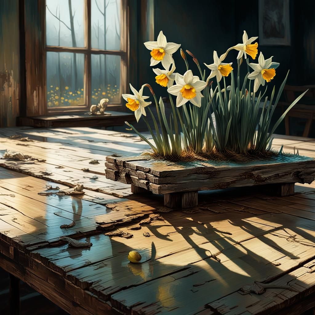 (A lonely picturesque narcissus lying on a wooden table)top and side view, side lighting , shadows, riot of shades, heav...