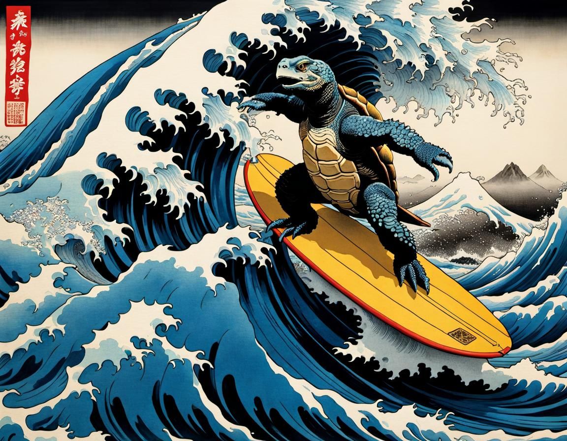 Turtle Surfing Hokusai Wave with Godzilla Tail