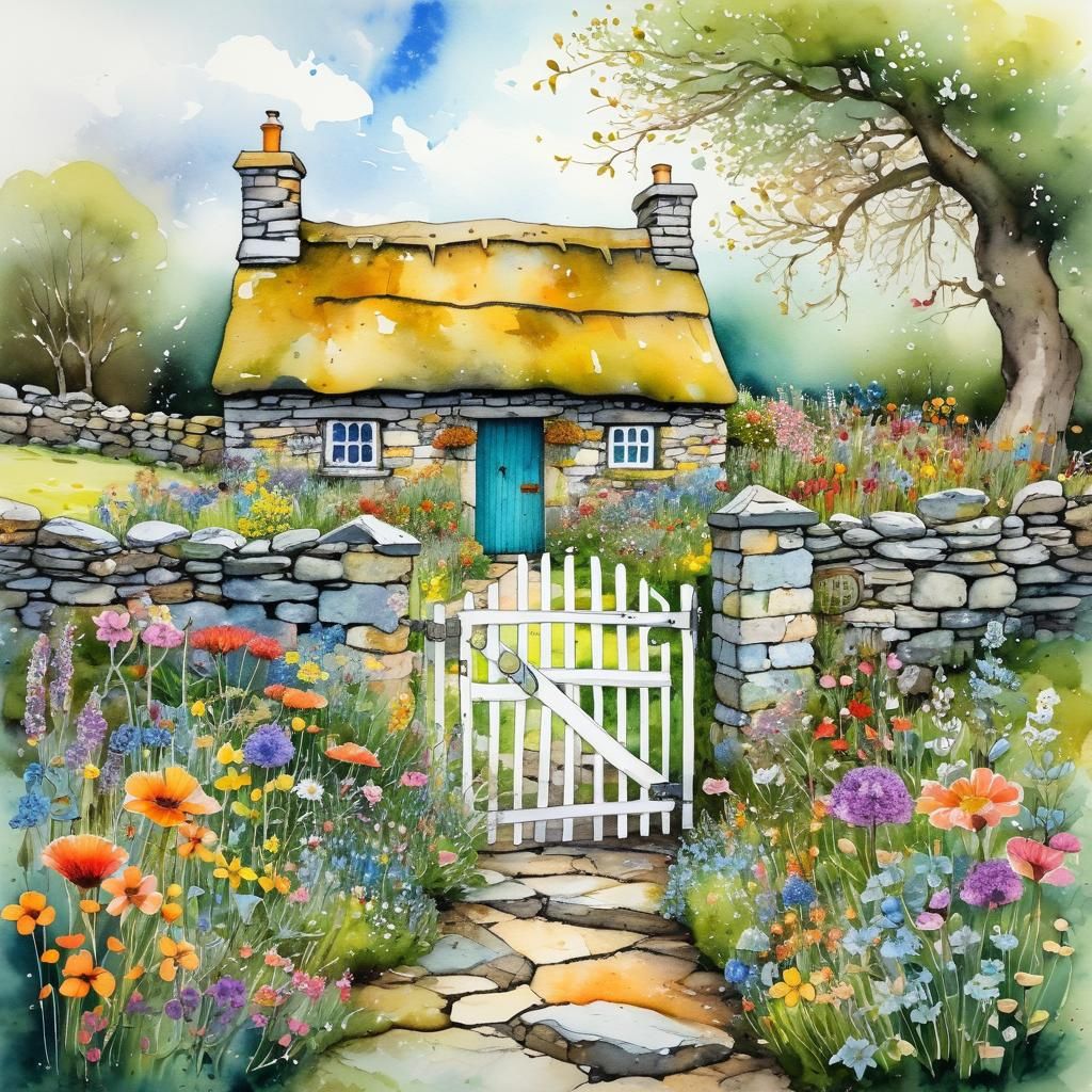 Idyllic Thatched Cottage Garden in Impressionist Style