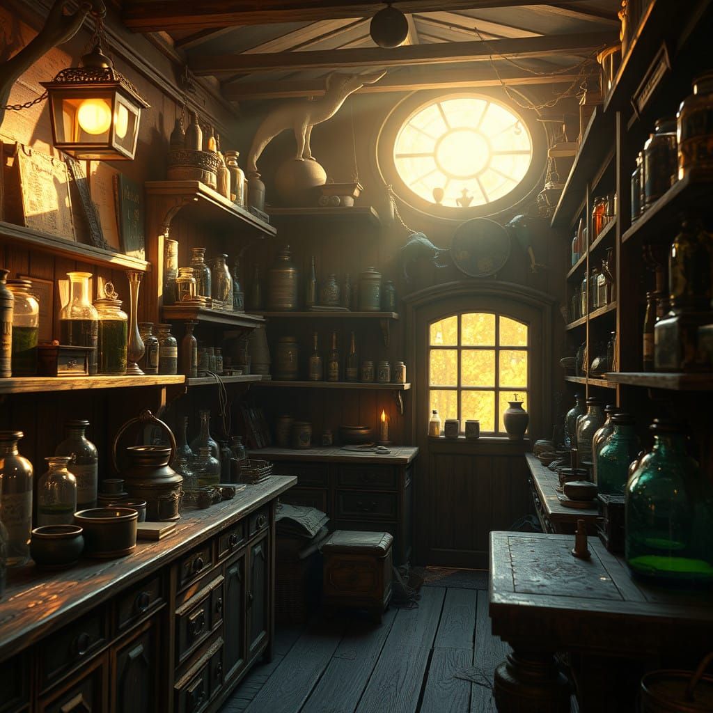 Mysterious Apothecary Shop in Golden Light