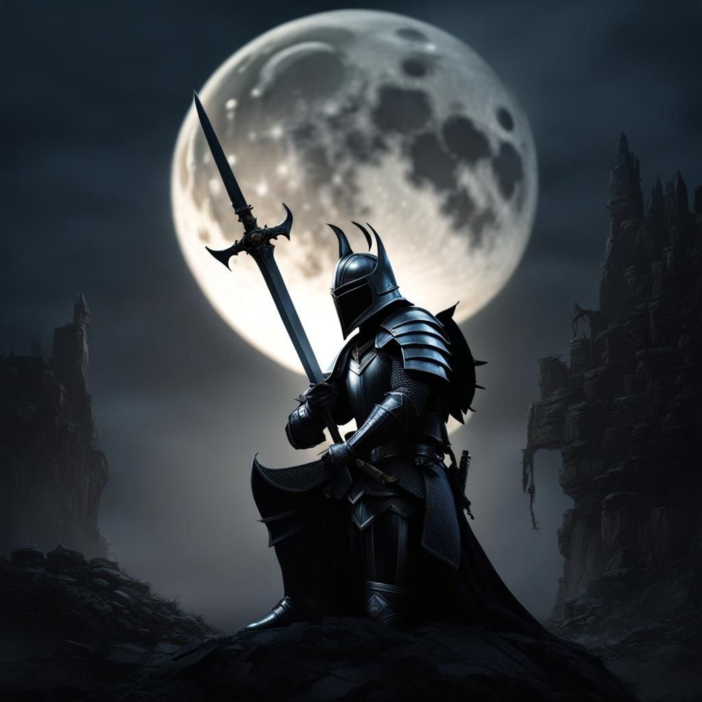 Kneeling Knight Bowing in Moonlight