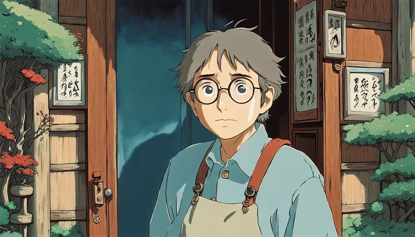 Man with Worried Expression in Ghibli Style