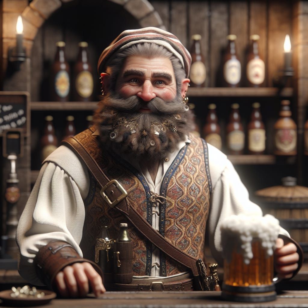 Middle-Eastern Dwarf Barkeeper in Medieval Fantasy Tavern