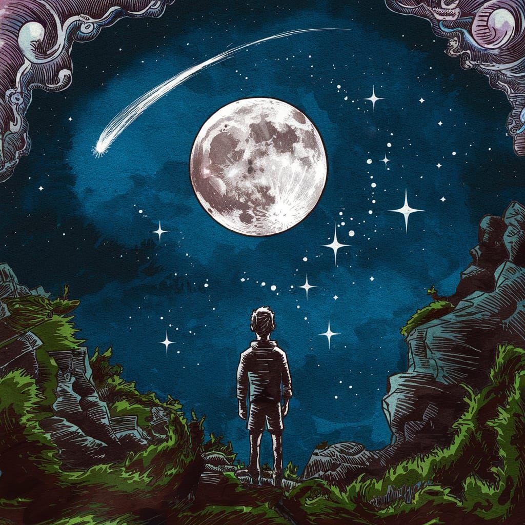 Man Observes Moon and Shooting Star in Watercolor