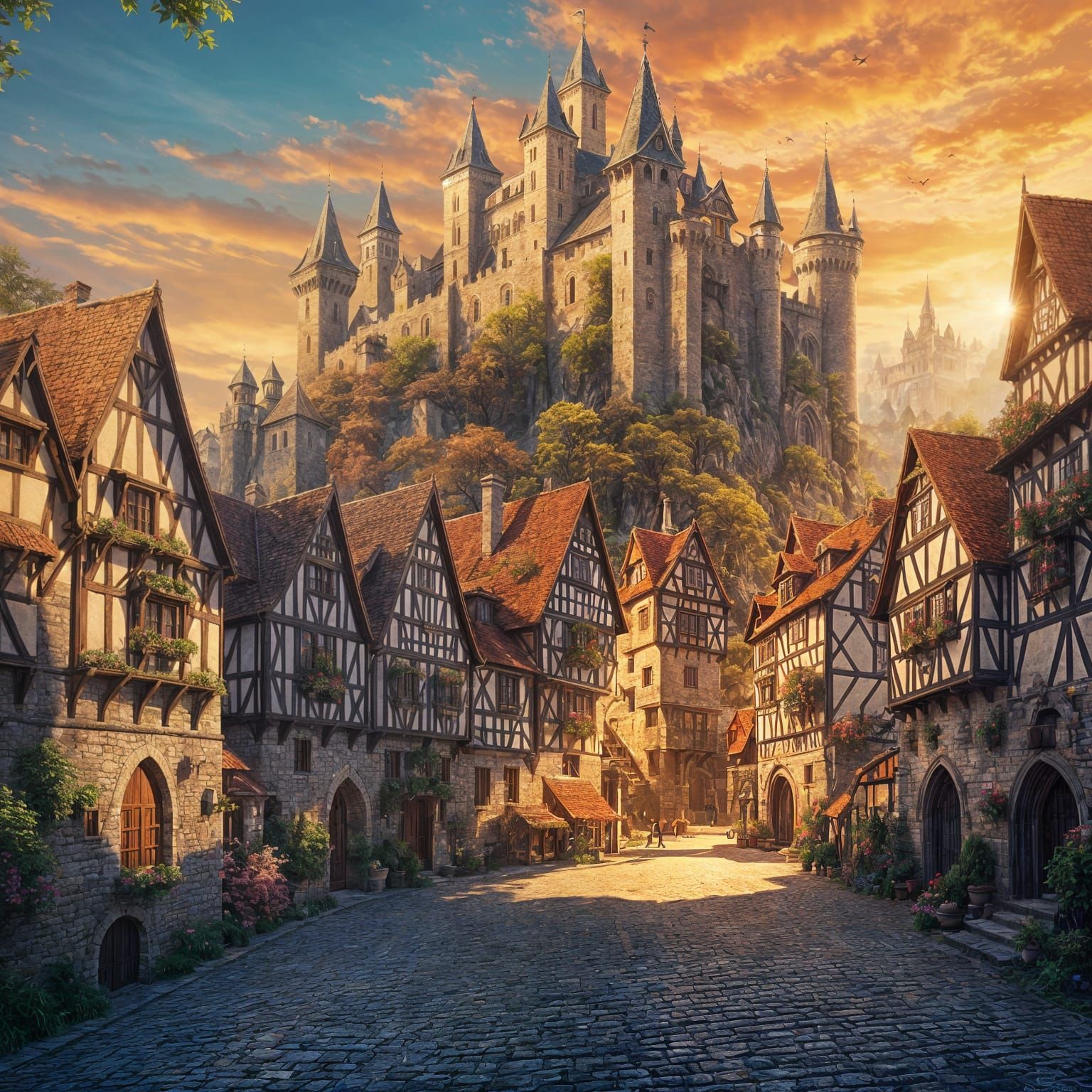 Medieval European Townscape with Majestic Castle