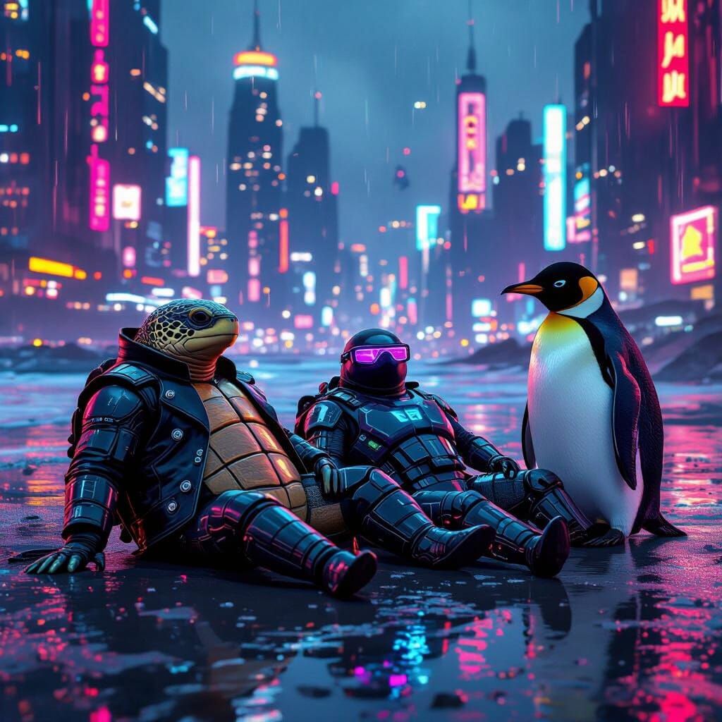Cyberpunk Animals Lounging on Futuristic Beach