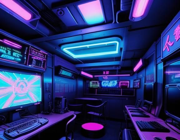 Anime Synthwave Interior in Neon Retro Style