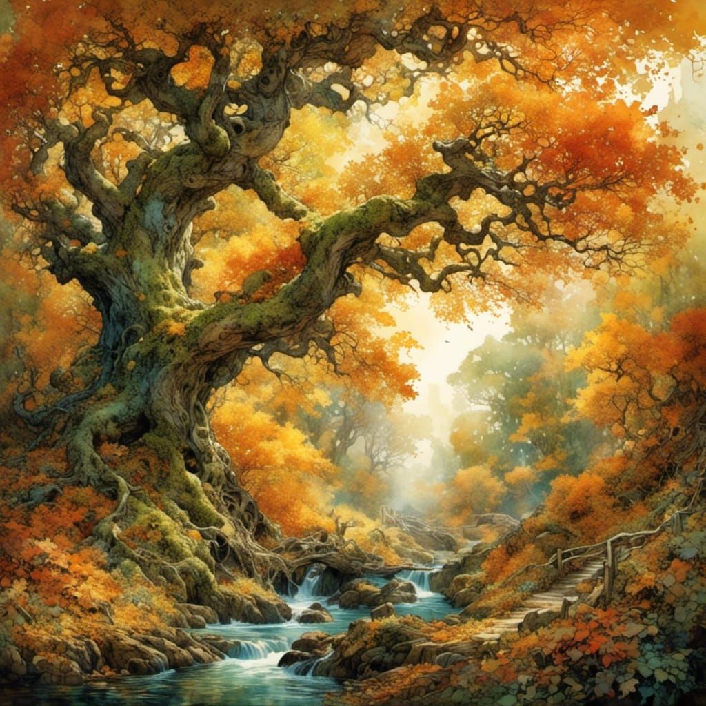 Autumnal Forest Scene with Animals in Watercolor Style