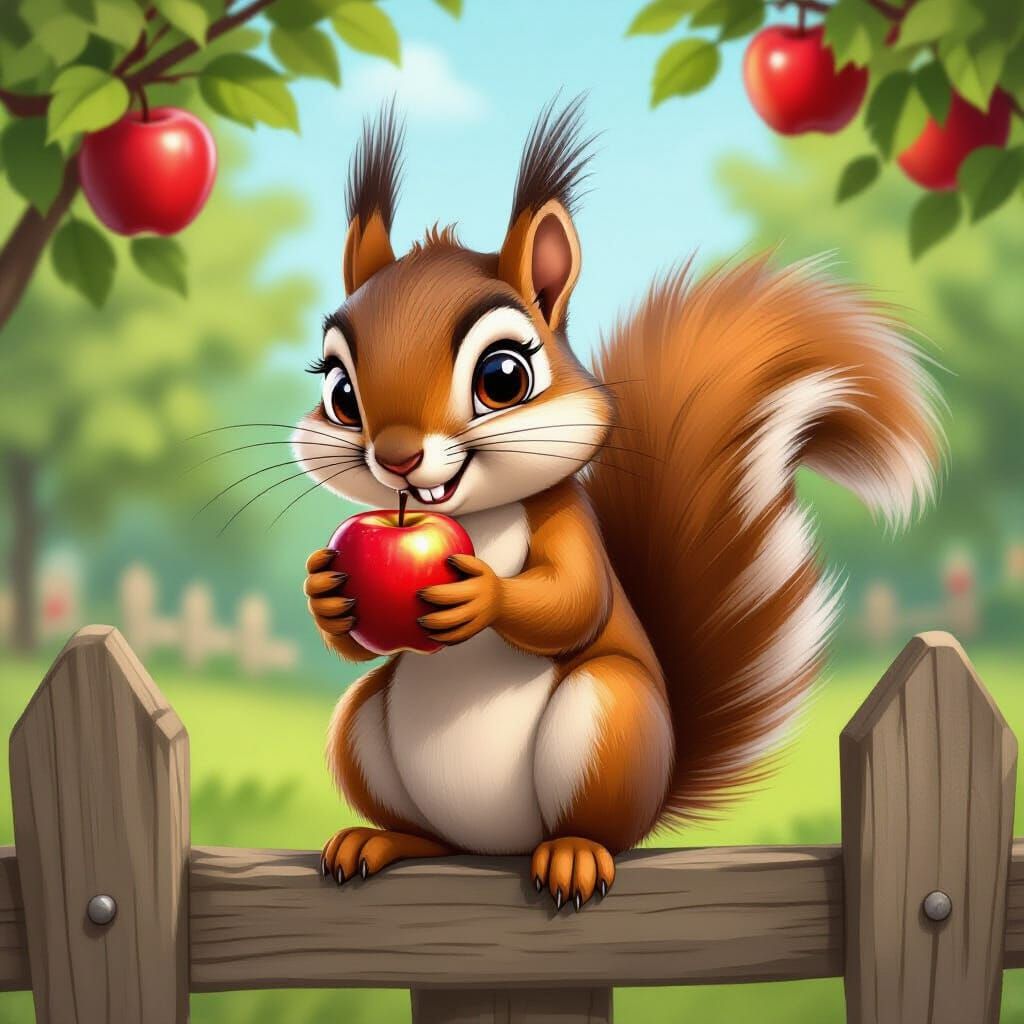 Mischievous Squirrel Stealing Apple Cartoon