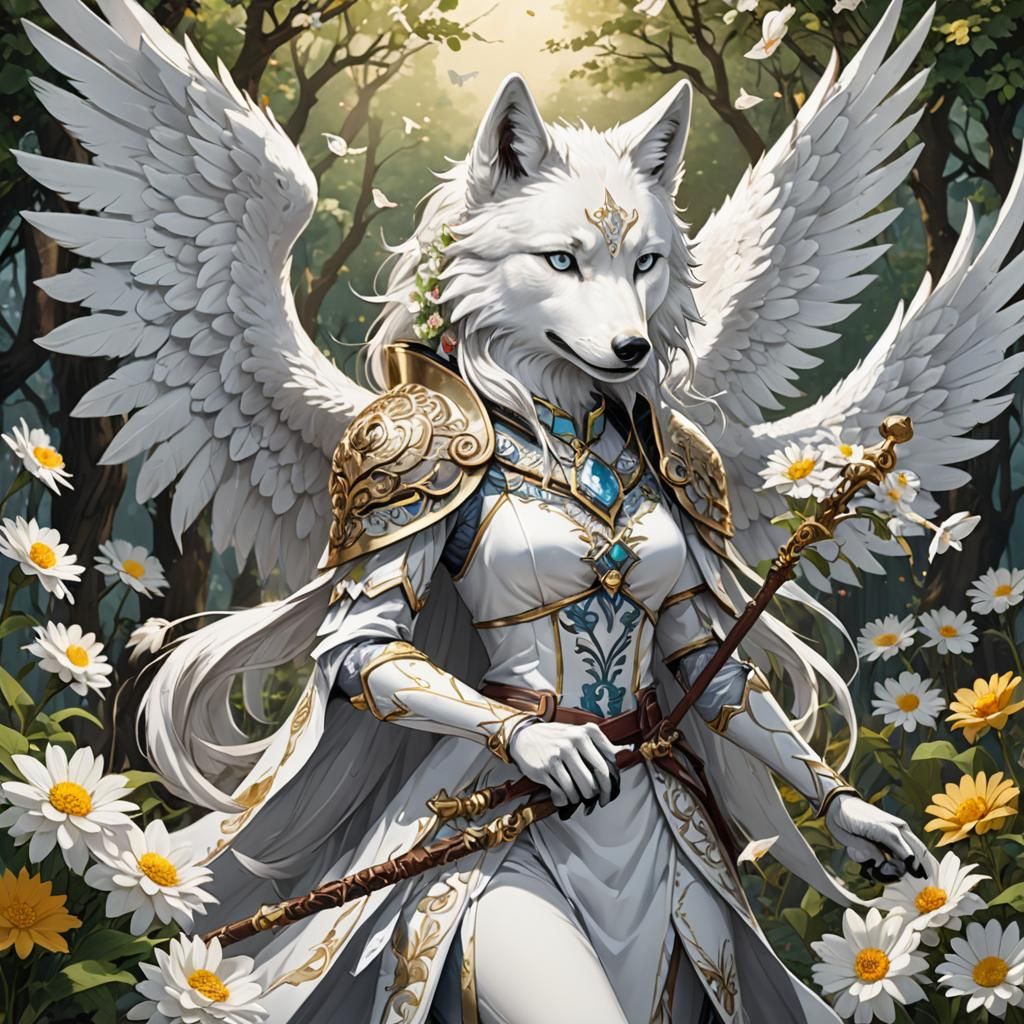 Anime White Wolf with Wings and Flower Staff
