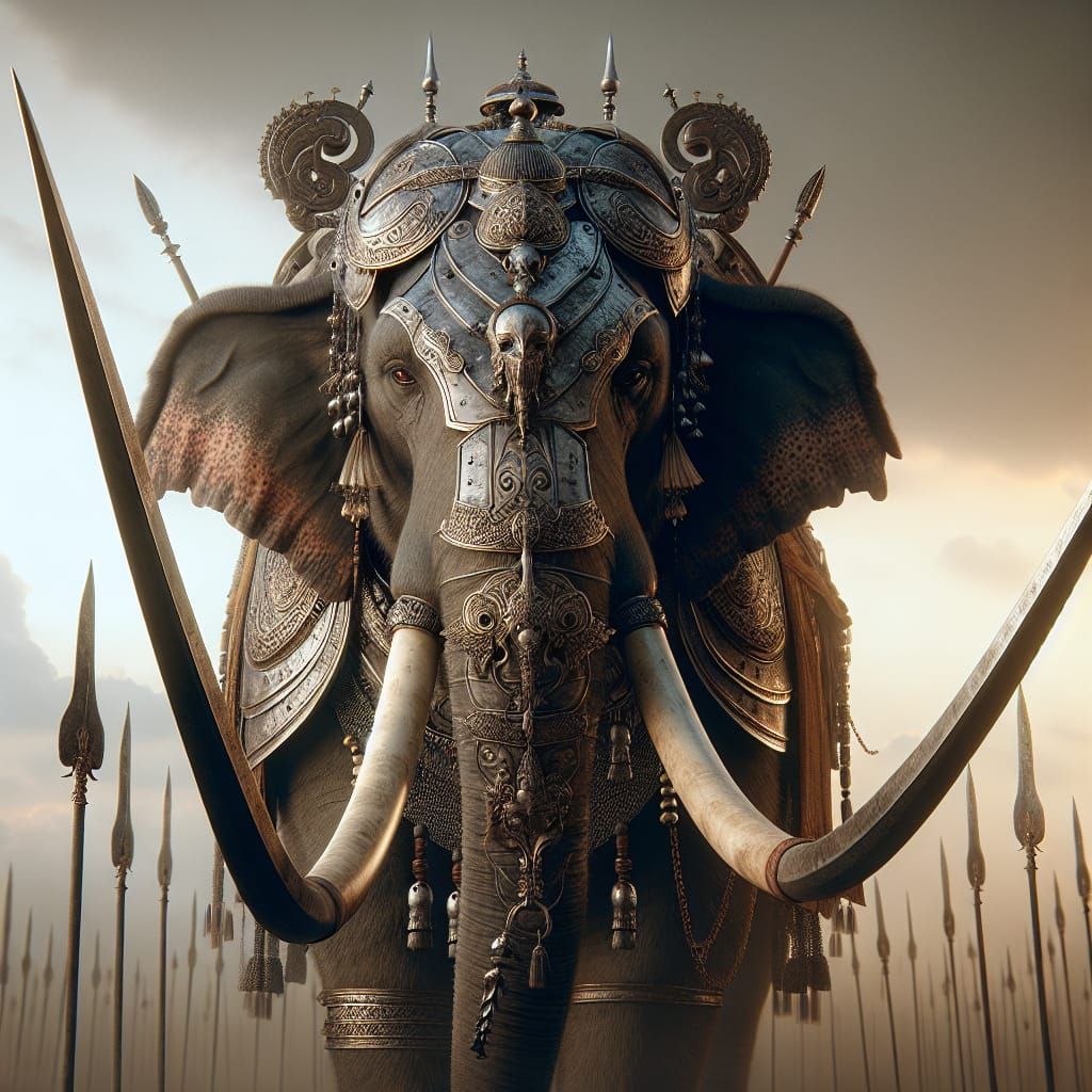 Armored War Elephant with Steel Tusk Swords