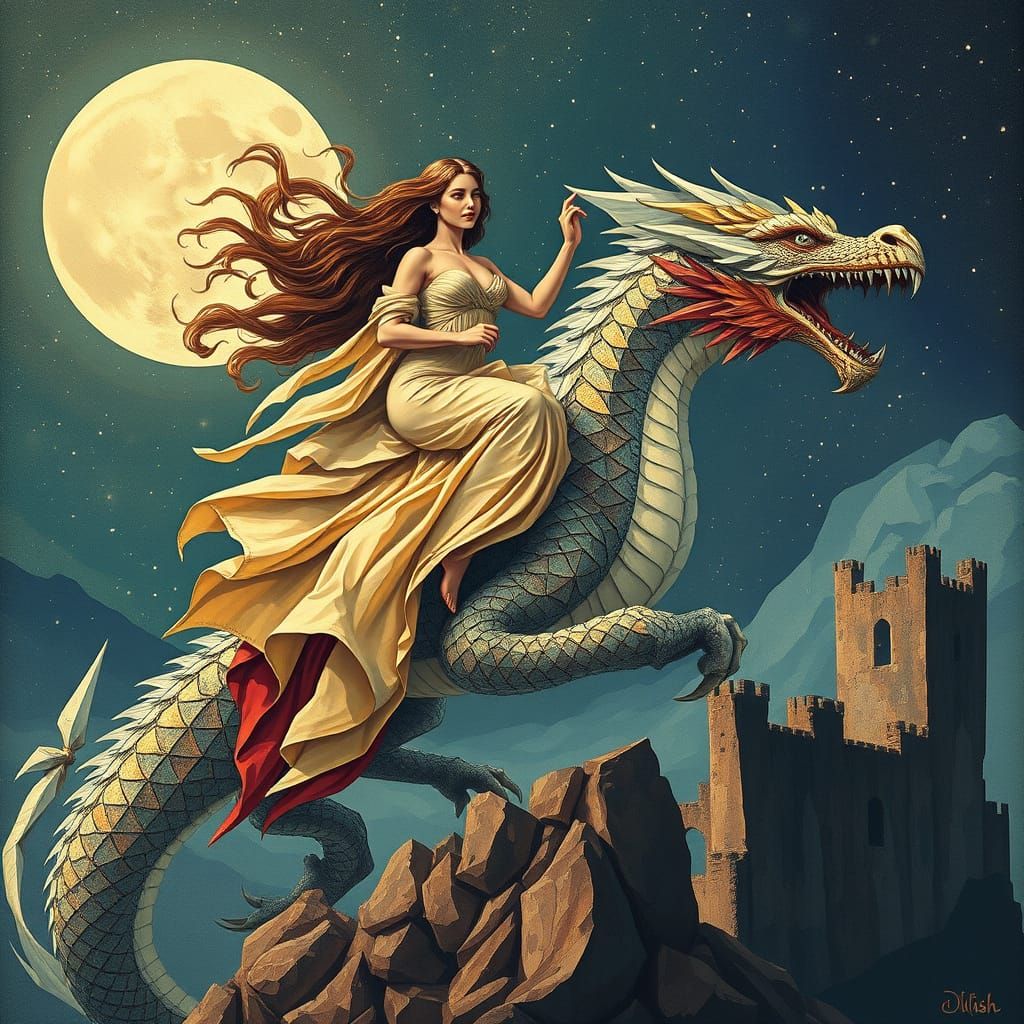 Aphrodite on Dragon Soaring Above Castle, Cubist Art