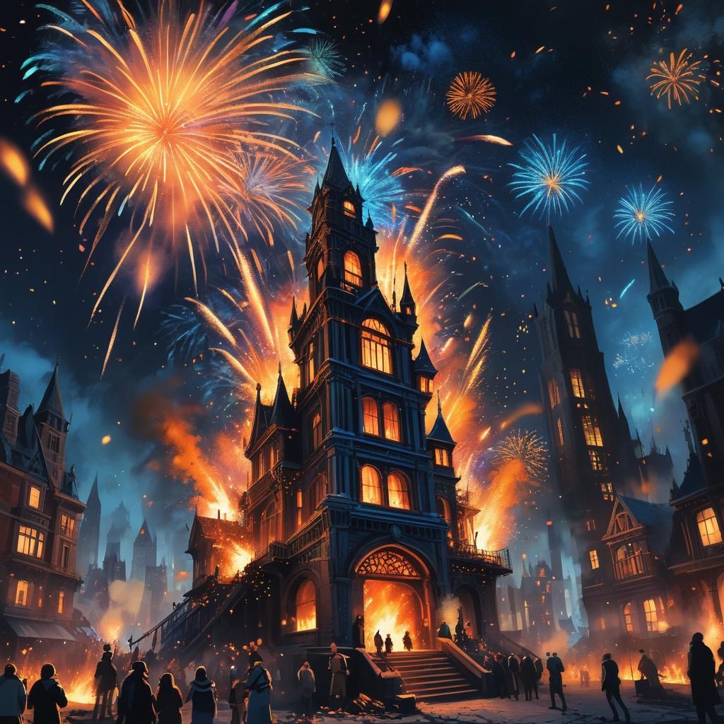 Bonfire Night Fireworks Display in Cityscape Concept Art