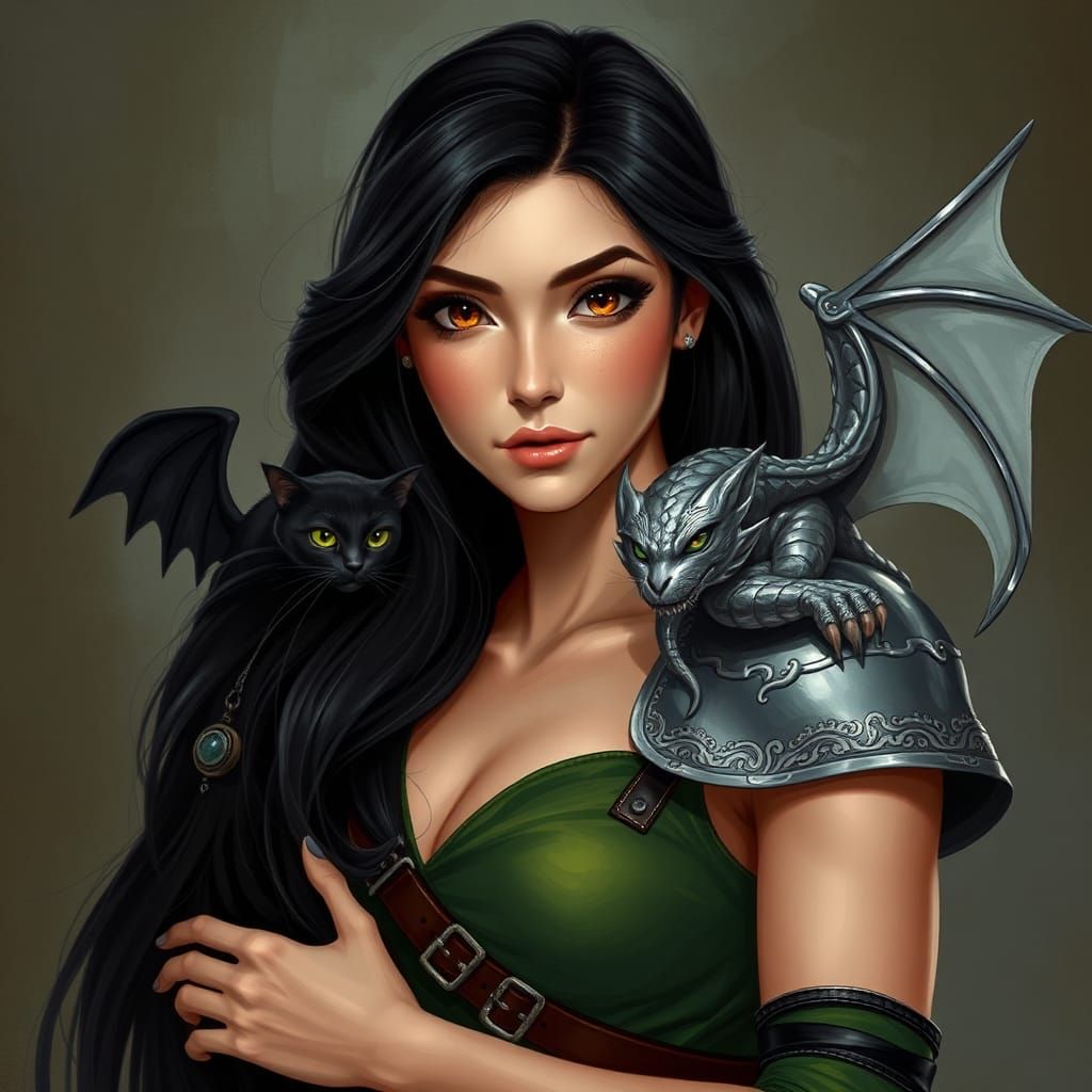 Woman with Dragon Shoulderplate and Winged Cat