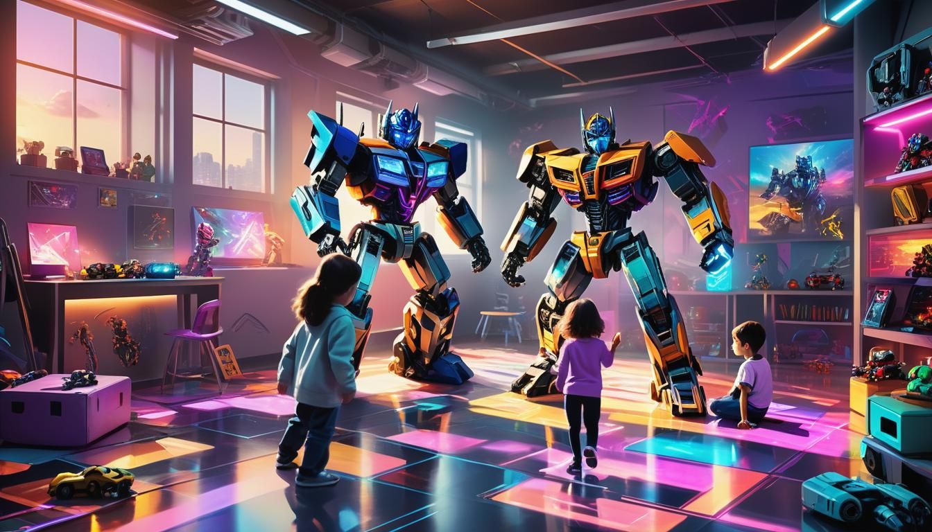 Children Play with Transformers in Neon Sci-Fi Room