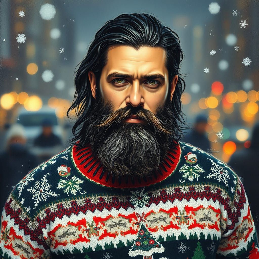Handsome Bearded Man in Ugly Christmas Sweater Oil Painting