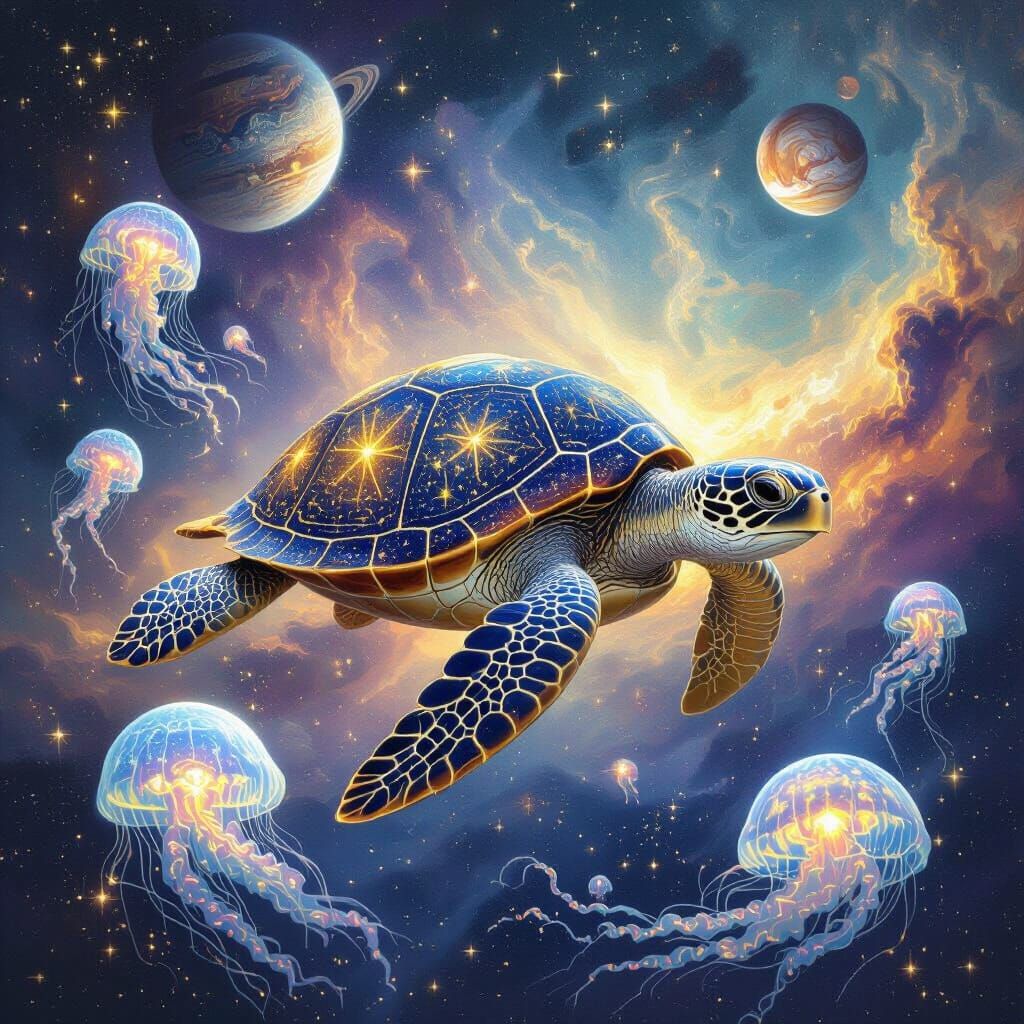 Celestial Turtle Drifting Through Nebula in Octane Render
