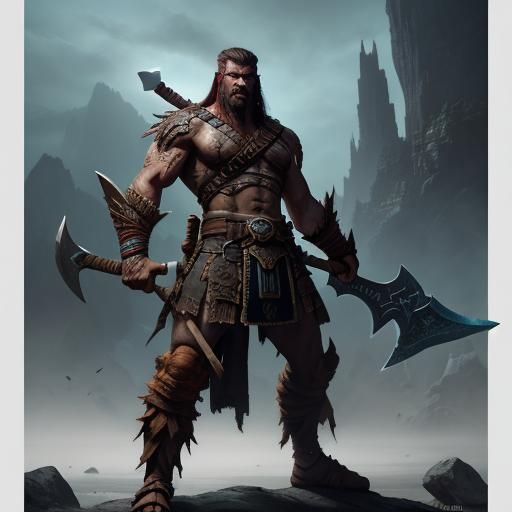 Barbarian Fighter with Axe in Detailed Matte Painting