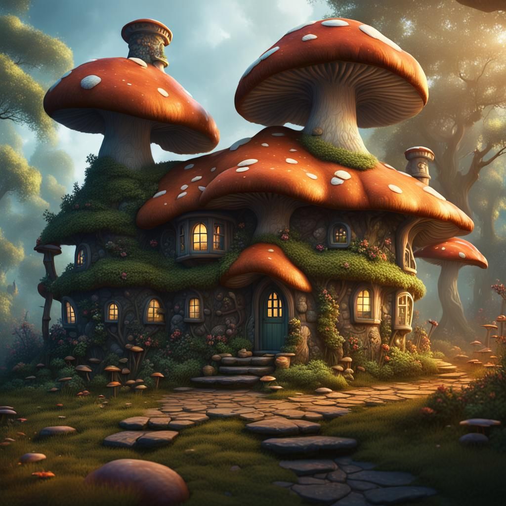Mushroom Cottage House in Woods: Fantasy Concept Art
